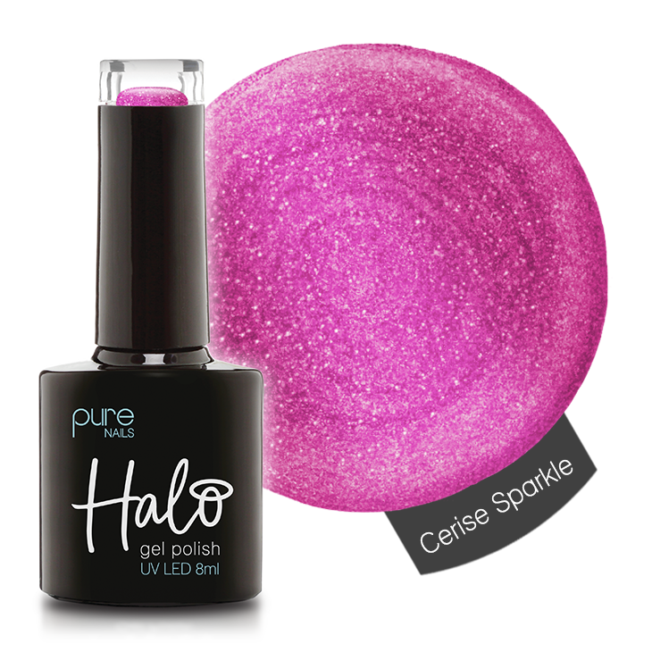 Product image of Pure Nails' Halo gel polish in shade 'Cerise Sparkle'