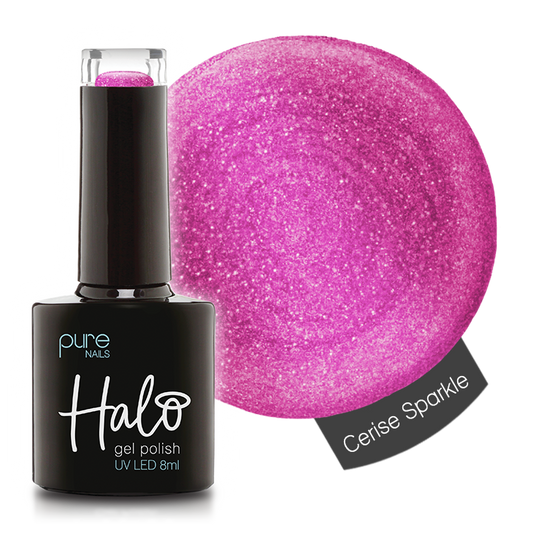 Product image of Pure Nails' Halo gel polish in shade 'Cerise Sparkle'